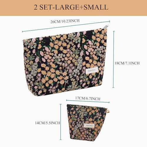 2 Pcs Makeup Bags, Large Cosmetic Bag Travel Toiletry Bag Organizer for Women, Embroidery Craft, Floral Makeup Bag Small Cosmetic Pouch Purse with Zipper Gifts for Girls Teen