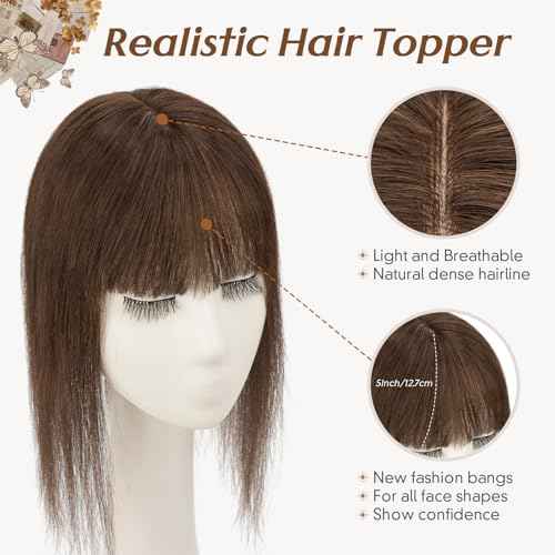 Rich Choices Real Human Hair Toppers for Women 3D Cover Clip in Bangs 100% Remy Human Clip in Silk Base Hair Topper with Bang for Thinning 150% Density 12 Inch #2R Chocolate Brown