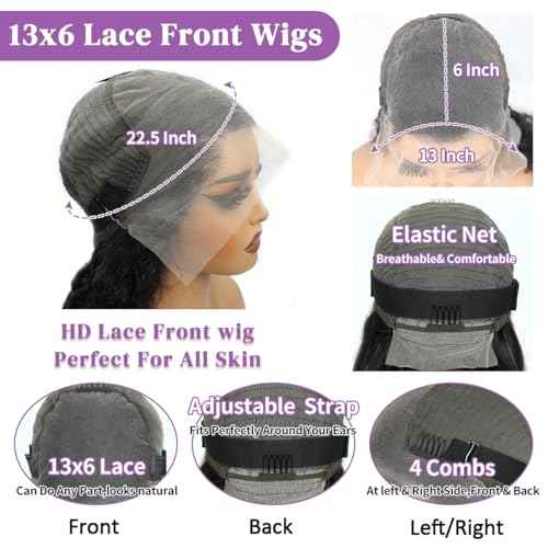 Body Wave Lace Front Wigs Human Hair 13x6 HD Lace Front Wigs Human Hair 200 Density Brazilian Virgin Wigs Glueless Lace Frontal Wig for Women Natural Black Pre Plucked 20 Inch