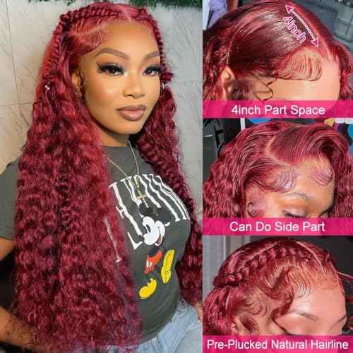 Burgundy Lace Front Wigs Human Hair Pre Pluck180% Density Glueless Wigs Human Hair Pre Plucked 13x4 99j Red Wigs Human Hair Curly Lace Front Wigs For Black Women (28 inch)