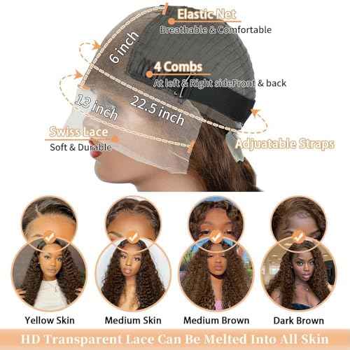 Chocolate Brown Lace Front Wigs Human Hair 13x6 Deep Wave Lace Front Wigs Human Hair 200 Density HD Colored Deep Curly Lace Frontal Wigs for Women Pre Plucked with Natural Hairline (24inch)