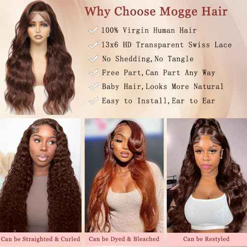 mogge Body Wave 13x6 Hd Lace Front Wigs Human Hair Pre Plucked Chocolate Brown Lace Front Wig 200 Density Colored Lace Human Hair Wigs for Black Women 4# Brown Wig 22 Inch