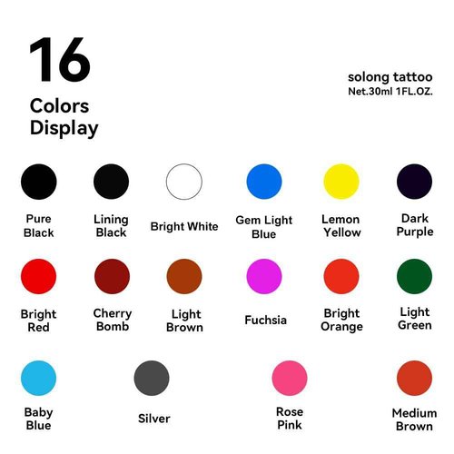 16PCS Tattoo Ink Color Set, Solong Tattoo Ink 1oz (30ml) Pigment Kit for Tattoo Kit Tattoo Ink Set TI302S-30-16