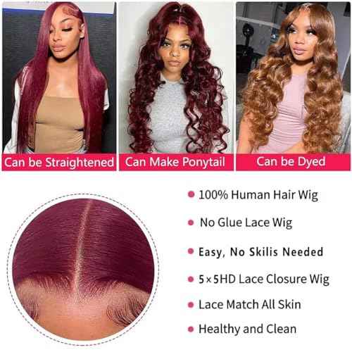 Wear and Go Glueless Wigs Human Hair Pre Plucked Pre Cut for Beginners 99j Burgundy Lace Front Wigs Human Hair Upgraded No Glue 5x5 HD Body Wave Lace Closure Wigs Human Hair for Women 30 Inch