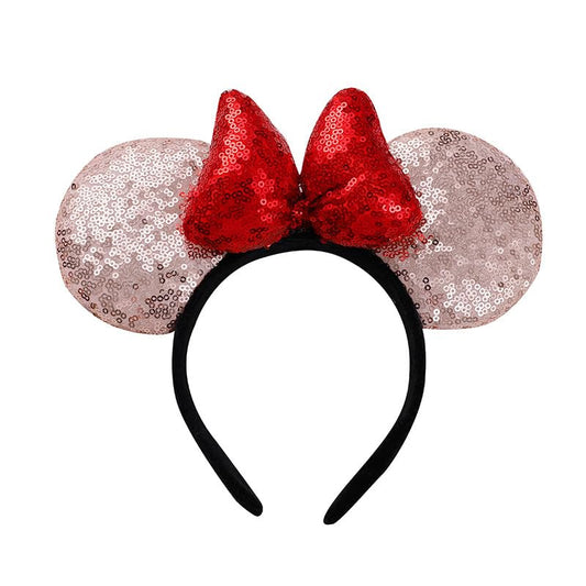 YOVECATHOU Mouse Deluxe Ear Bow Headbands Sequins Hairbands Women Hair Accessories For Cosplay Costume Party (Champagne Red)