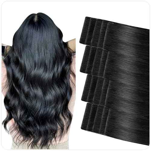 SUYYA Invisible Tape in Hair Extensions Human Hair Jet Black Seamless Injected Hand-Tied Pro Quality Virgin Human Hair 20PCS 50G/Pack Straight Tape Ins(18 inch #1 Jet Black)