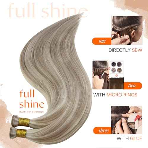 Full Shine Genius Weft Hair Extensions Color Ash Blonde Mix Bleach Blonde Human Hair Weft Sew In Invisible hair weft extensions Real Hair Hand Tied Extensions 22 Inch 80G