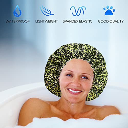 Fishent Shower Cap, Large Shower Caps for Women Reusable Double Layer Waterproof, Adjustable Extra Large Shower Cap for Long Hair and Braids（Red Leopard)