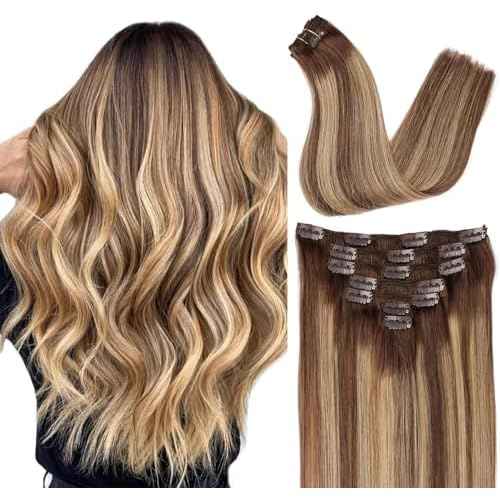 ORIGEN Clip in Hair Extensions Real Remy Human Hair Chocolate Brown to Caramel Blonde Highlights Straight Hair for Women 7pcs 120g 16 Inches