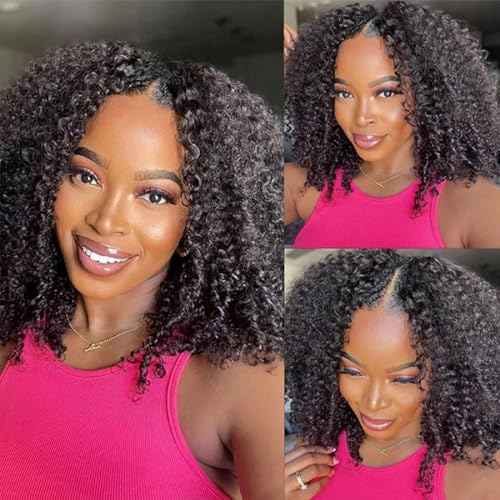 Kinky Curly V Part Wig Human Hair Upgrade U Part Human Hair Wig With Adjustable Drawstring Wig V Shape Clip In Half Wigs Afro Curly for Women No Sew in NO Glue200% Density 16 Inch