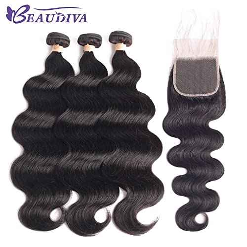 Real Human Hair Bundles Body Wave 16 18 20 Inch with 14 Inch Lace Closure, 3 Bundles Unprocessed Natural Black Remy Brazilian Virgin Cambodian Hair Wavy, 1b, No Tangle No Shedding