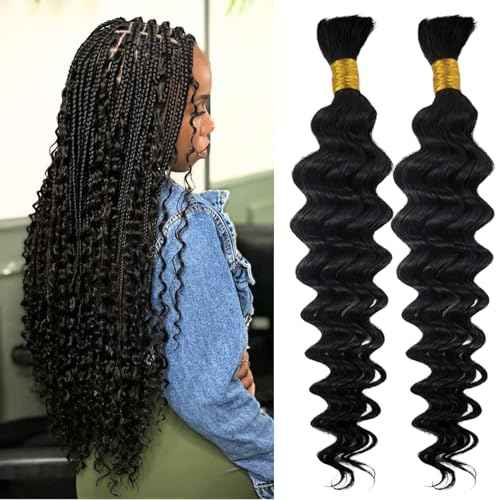 Deep Wave Human Braiding Hair for Boho Braids 1b Black Curly Human Hair Bundles for Braiding 2 Bundles/Pack 22Inch