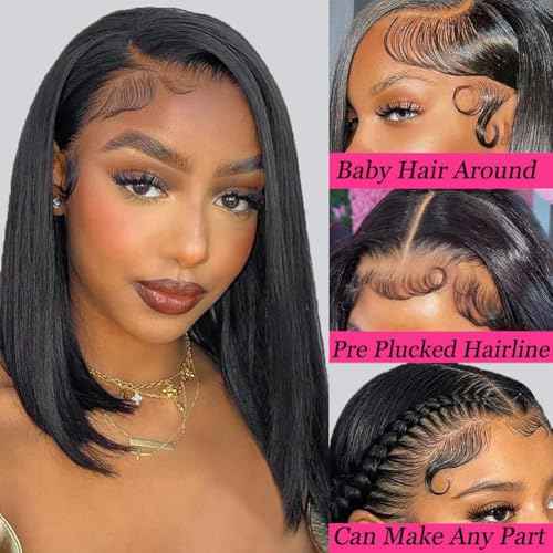 Bob Wig Human Hair 13x4 Lace Front Wigs Human Hair Pre Plucked 14 Inch Straight HD Lace Frontal Short Glueless Wigs for Women with Baby Hair 180% Density Natural Black Color