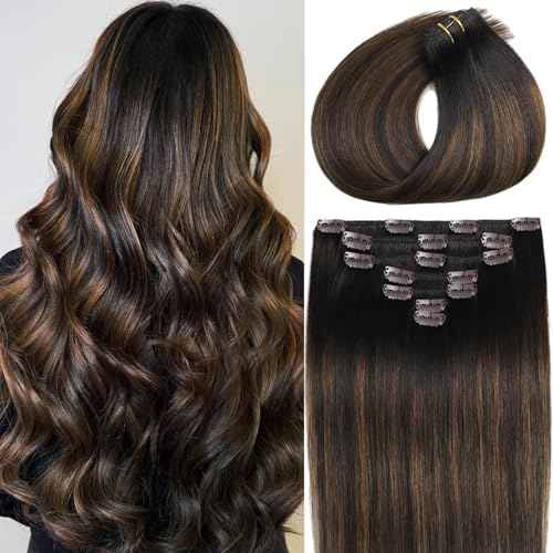 Clip in Hair Extensions Real Human Hair 20 Inch Soft Human Hair Clip in Extensions Straight Clip ins Extensions for Women #2/6/2 Balayage Dark Brown to Chestnut Brown 85g 7Pcs Easy to Styling