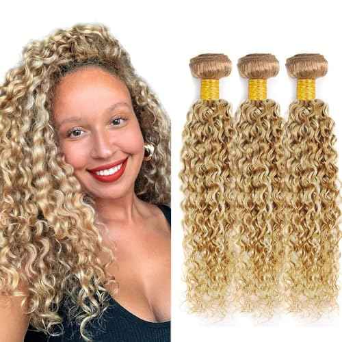 P27/613 Bundles Highlight Curly Wave Human Hair Bundle Two Tone Honey Blonde Mixed With Blonde 3 Bundles 12 14 16 Inch 613 Kinky Curly Bundle Ombre Hair Weave
