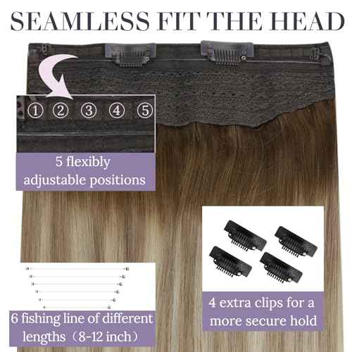 Fshine Wire Hair Extensions 20 Inch Olive Brown to Ash Brown and Blonde Layered Hairpiece with Transparent Fish Line Straight Real Human Hair Clip in Hair Extensions 80 G