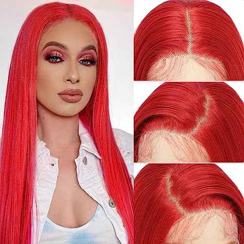 X-TRESS 32 Inch Red Lace Front Wig 13x4 Staight Hd Lace Front Wig Red Wigs For Wome Glueless Wigs Pre Plucked Baby Hair 180 Density Synthetic Lace Front Wigs Cosplay