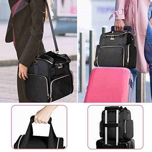 Large Cosmetic Bag with 3 Removable Case, Double Layer Travel Organizer with Inner Dividers and Makeup Brushes Storage Section, Black (Patented Design)
