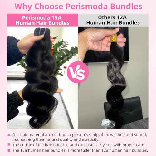 Perismoda Body Wave Human Hair Bundles 15A Raw Human Hair Bundles 100% Unprocessed Brazilian Virgin Human Hair Extensions 26 Inch 1 Bundle Quick Weave Hair Extensions Natural Color