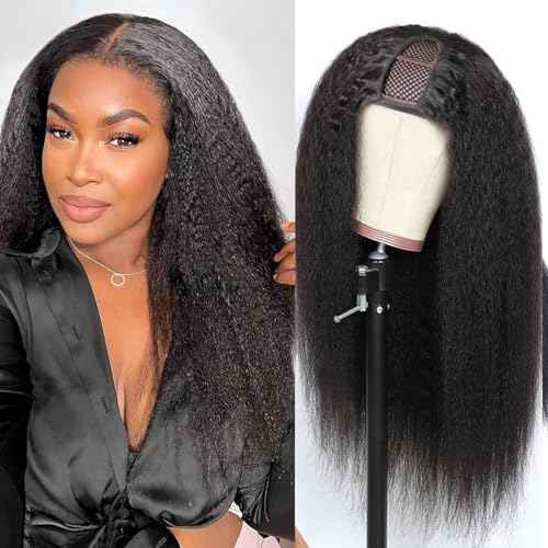 Selina U Part Wigs Human Hair Kinky Straight Wig Yaki Straight Human Hair Wig For Women 100% Real Human Hair Glueless Wigs Natural Black 28 Inch
