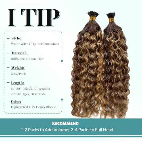 I Tip Water Wave Microlink Human Hair Extensions, Balayage Chocolate Brown Ombre Honey Blonde Micro Beads Pre Bonded Keratin Stick Tipped Hair Extensions 50 Strands 50g 24" Wet and Wavy Hair