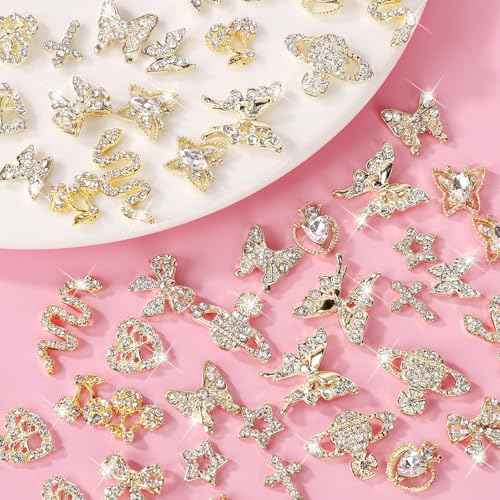 24PCS Nail Charms Y2k Alloy Nail Art Rhinestone Charms 3D Heart Bow Butterfly Charm with Rhinestones Cherry Nail Gems Shiny Jewelry Nail Decorations Accessories Supplies (SG)