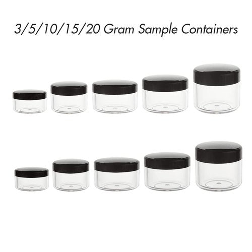 ZEJIA 10pcs Small Travel Containers, Black Sample Jars with Screw Lids, 5 Size 3/5/10/15/20 Gram, 12pcs Labels and 2pcs Mini Disposable Spatula, Makeup Sample Containers BPA Free