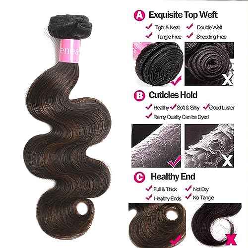 Body Wave Virgin Human Hair 3 Bundles Highlight Brown 14-18 inch 10A Brazilian Human Hair Extensions Ombre Color Body Wavy Human Hair Weave F1B/30 Color (FB30, 14 16 18)