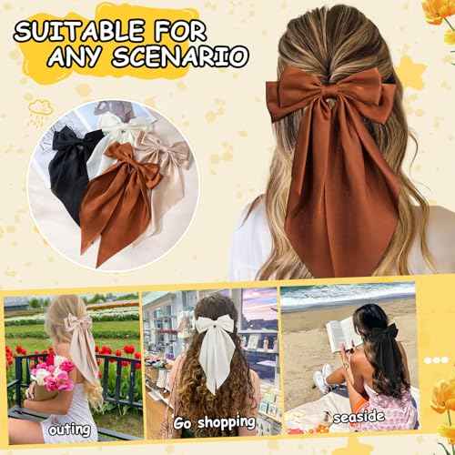 4 Pcs Hair Bows for Women Big Ribbon Bows for Hair Long Tail Bow Hair Clips Cute Hair Barrettes Hair Accessories for Girls (Black + Beige + Khaki + Curry)