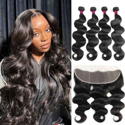 12A Human Hair Bundles with Closure Frontal (18 20 22 24 &16 Frontal) Body Wave 4 Bundles Human Hair with 13x4 HD Lace Frontal - Brazilian Quick Weave Hair Extension Real Human Hair for Daily Use
