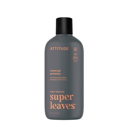 ATTITUDE Shower Gel Body Wash for Men, 98% Natural Origin Ingredients, Paraben & Phthalate Free, EWG Verified, Cleanses Without Drying, Patchouli & Bourbon, 14 Fl Oz