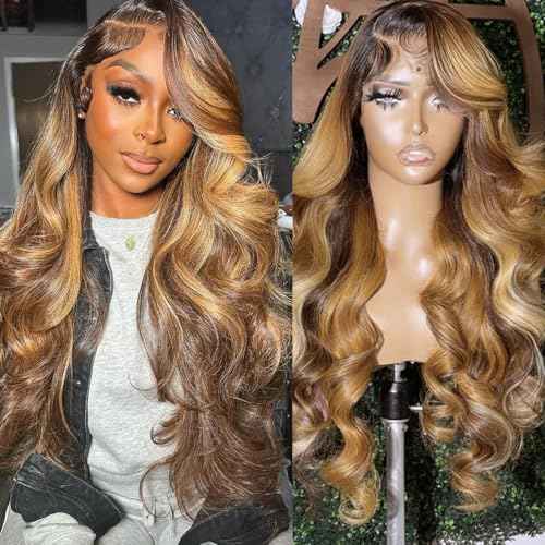 22 Inch Ombre Lace Front Wigs Human Hair 200% Density 13X4 Highlight Body Wave Lace Front Wig Human Hair Pre Plucked for Women Brown mixed Blonde HD Lace Frontal Wigs