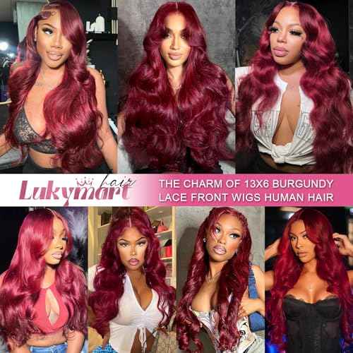 26 Inch 99j Burgundy Lace Front Wigs Human Hair 13x6 Body Wave Lace Front Wigs Human Hair Pre Plucked 180% Density Glueless Wine Red Lace Front Wigs for Women