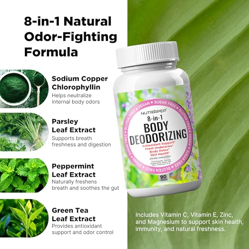 Body Deodorizing Supplement - Odor Eliminator & Internal Deodorant Pills for Fresh Breath Skin Health & Detox - Full Body Deodorizer Capsules with Chlorophyll Complex Vitamins for Women Men