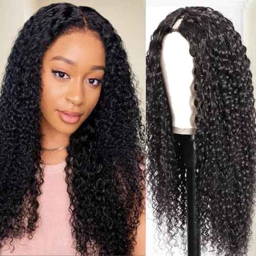Curly V Part Wigs Human Hair Upgrade U Part Wig Human Hair Wigs for Black Women Glueless V Part Jerry Curly Wig Wear And Go No Leave Out 180% Density Natural Black Color 22 inch