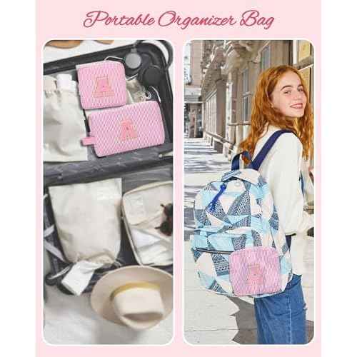 MONSTINA Mom Gifts for Mom, Personalized Initial Makeup Bag Cosmetic Bags for Women Cute|Makeup Pouch Birthday Gifts for Mother,Birthday Gift for Her Cute Toiletry Bag,2PCS Pink M