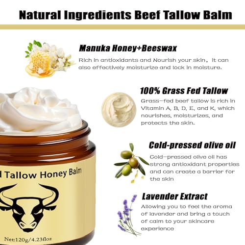 Beef Tallow for Skin - Lopeie Whipped Tallow Honey Balm, Lavender, Deep Moisturization, Natural Hydrating Cream, Relief for Dry & Sensitive Skin 2.11oz