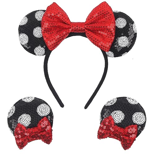 zhezesmila Shiny Mouse Ears Headband and Hair Clips, Glitter Party Princess Decoration with Red Bow Hair Accessories for Girls Women Adult Kids Birthday Party(black&white&red)