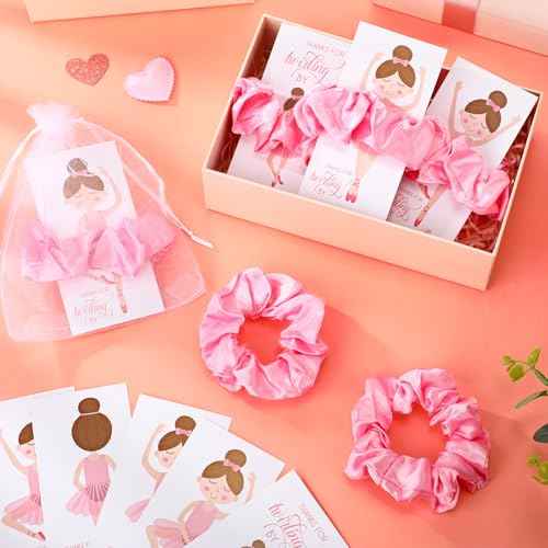Yinkin 30 Sets Ballerina Party Favors for Girls Hair Scrunchies with Thanks Twirling Cards for Birthday Dance Recital Gifts Ballet Party Favors(Pink)