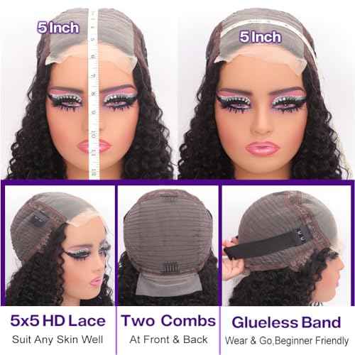 Curly BOB Wig Human Hair 200 Density 5x5 HD Lace Closure Deep Wave Wigs for Black Women Glueless Wear and Go Pre Plucked Deep Wave Wet and Wavy Glueless Wigs Human Hair Natural Black 14 Inch