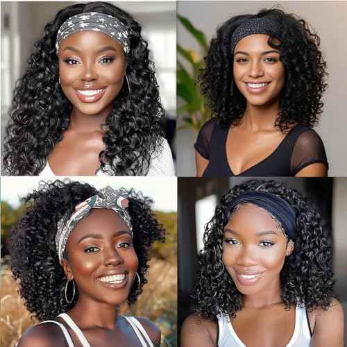 JCL Headband Wig Human Hair 14 Inch Headband Wigs Human Hair Wig Glueless Wigs Human Hair Curly Human Hair Wigs for Black Women Human Hair Natural Color Deep Wave Lace Front Wigs
