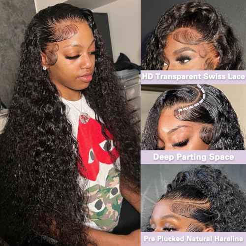 30 Inch Deep Wave Lace Front Wigs Human Hair,13x4 HD Lace Front Wet And Wavy Glueless Deep Wave BussDown Curly Human Hair Frontal Wigs for Women Pre Plucked 180 Density, Small Knots, Tangle Free