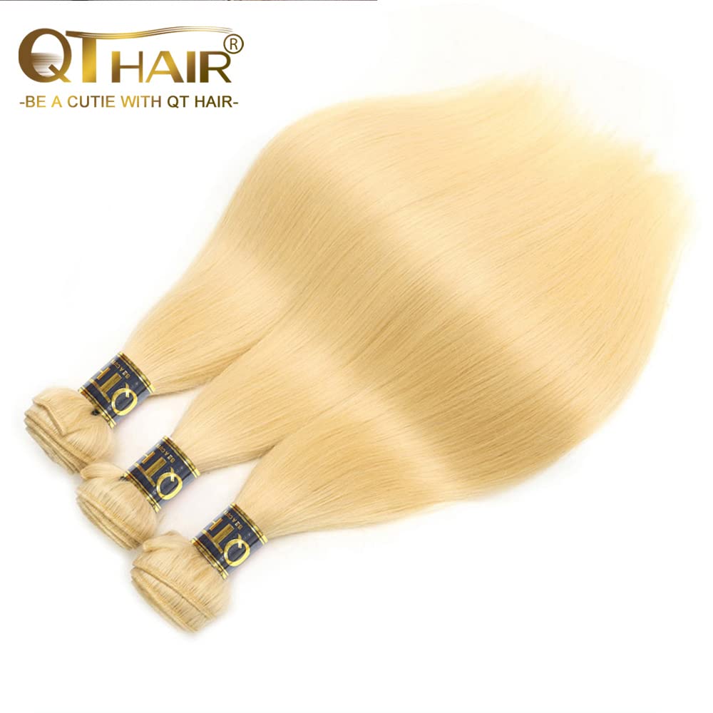 QTHAIR Straight Human Hair Blonde Bundles 18 20 22inch 14A Grade 100% Brazilian Human Hair Color #613 Platinum Blonde Straight 14 16 18 inch Brazilian Virgin Straight Human Hair 3 Bundles