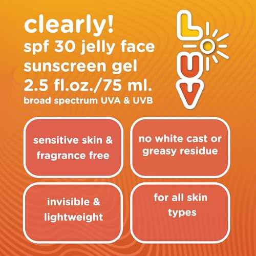 L-UV clearly! SPF 30 Jelly Face Sunscreen, Invisible & Lightweight, Broad-Spectrum UVA/UVB Protection, Sensitive Skin Safe, Fragrance-Free, Hydrating with Ceramides & Pomegranate Seed Oil, 2.5 Fl Oz
