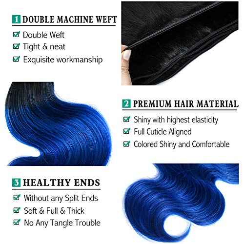 Ombre Blue Bundles Hair Body Wave Brazilian Virgin Human Hair 3Bundles 1b/blue Body Wave Unprocessed 2 Tone Blue Virgin Bundles for Women (141618, Body 1b/Blue)