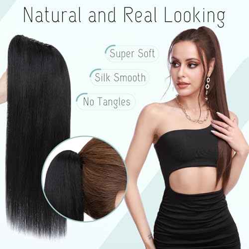 S-noilite Claw Clip Ponytail Extension Human Hair #1 Jet Black Real Remy Human Hair Ponytail Extension 16inch Long Straight Hair Pony Tails Hair Extensions For Women 105Grams