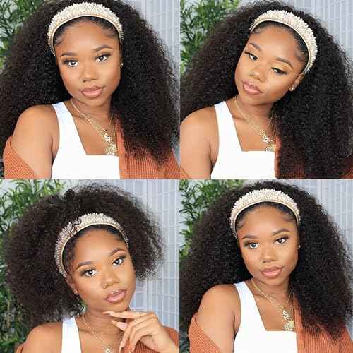 Kinky Curly Headband Wigs Curly Headband Wig Human Hair for Black Women 150% Density Headband Wig Human Hair Glueless None Lace Front Wigs Headband Half Wigs Natural Color 20Inch