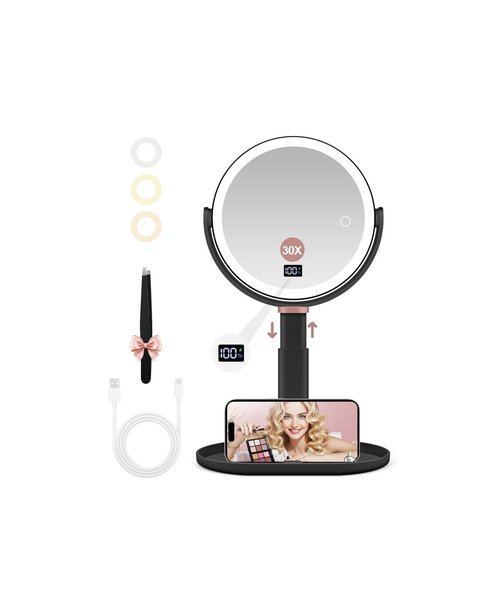 GOMIPURU Makeup Magnifying Mirror with Light 30X/1X, Digital Display, 2-Sided Touch Control, Makeup Mirror with 3 Color Lights,360° Rotate, Height Adjustable Lighted Magnifying Mirrors for Desk Travel