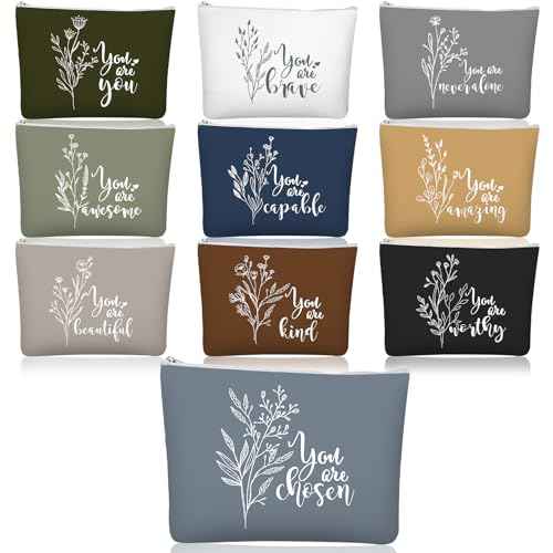 Coume 10 Pcs Boho Flower Canvas Makeup Bags Bulk Aesthetic Inspirational Quotes Cosmetic Zipper Personalized Encouragement Travel Pouch Toiletry Bag Women Teacher Friend Birthday Gifts