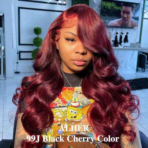 ALHER 99j Burgundy Body Wave 4x4 Lace Closure Human Hair, 12A Dark Burgundy Wine Red Color Wavy Free Part Melt Lace Closure, 100% Unprocessed Virgin Remy Hair Pre Plucked With Baby Hair Closure 12 IN